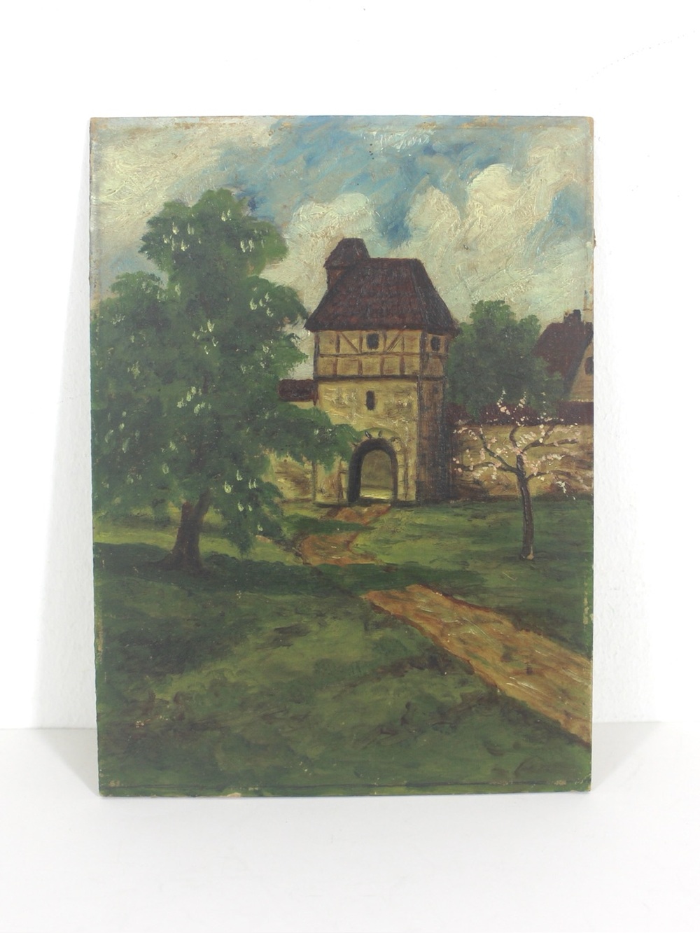 Vintage Oil Painting of a Landscape with Castle Gate Unframed Small Europe